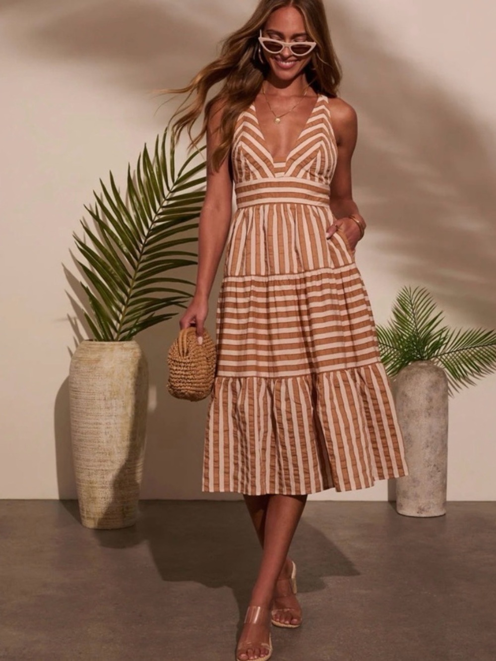 | vici • cream & camel striped tiered midi dress • medium |